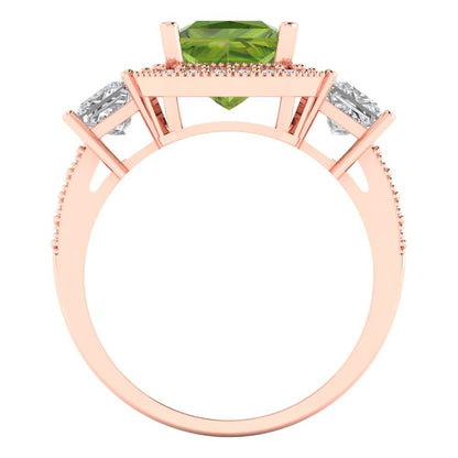 3.005 cttw Natural Peridot Three-Stone Engagement Ring - Solid Rose Gold (VVS1, Princess Cut,7.0mm)