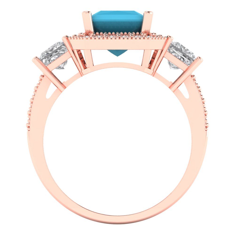 3.005 cttw Simulated Turquoise Three-Stone Engagement Ring - Solid Rose Gold (VVS1, Princess Cut,7.0mm)