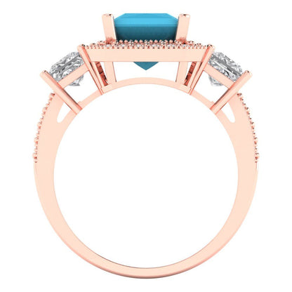 3.005 cttw Simulated Turquoise Three-Stone Engagement Ring - Solid Rose Gold (VVS1, Princess Cut,7.0mm)
