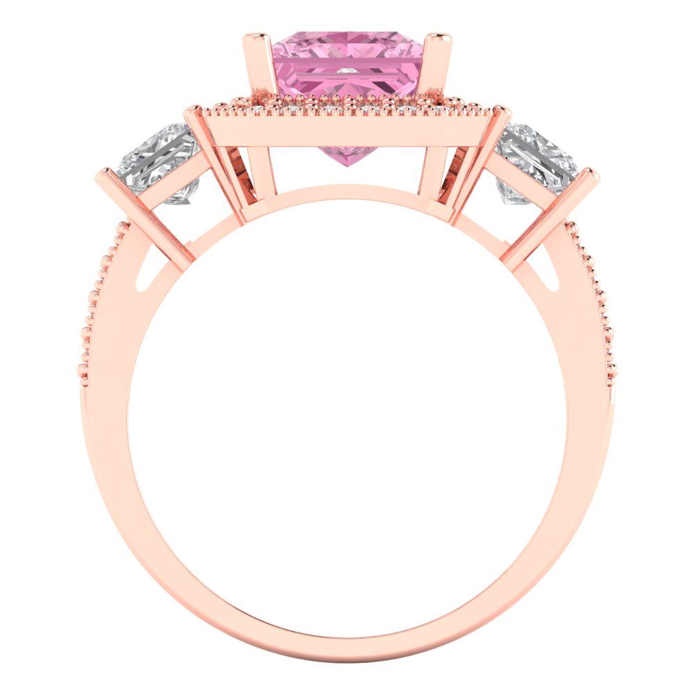 3.005 cttw Zirconia Simulated Pink Diamond Three-Stone Engagement Ring - Solid Rose Gold (VVS1, Princess Cut,7.0mm)