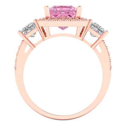 3.005 cttw Zirconia Simulated Pink Diamond Three-Stone Engagement Ring - Solid Rose Gold (VVS1, Princess Cut,7.0mm)