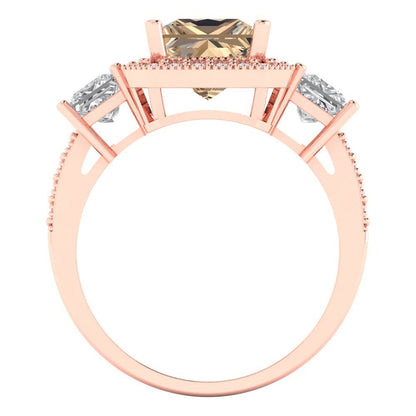 3.005 cttw Yellow Moissanite Three-Stone Engagement Ring - Solid Rose Gold (VVS1, Princess Cut,7.0mm)