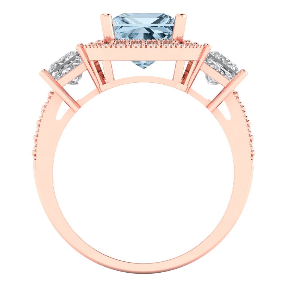 3.005 cttw Natural Aquamarine Three-Stone Engagement Ring - Solid Rose Gold (VVS1, Princess Cut,7.0mm)