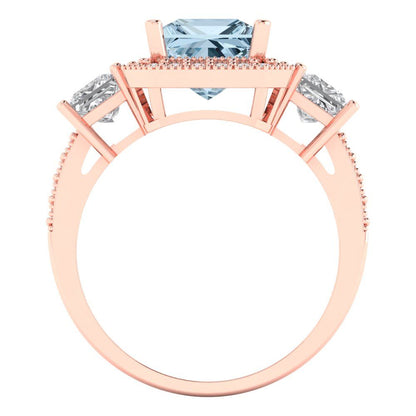 3.005 cttw Natural Aquamarine Three-Stone Engagement Ring - Solid Rose Gold (VVS1, Princess Cut,7.0mm)