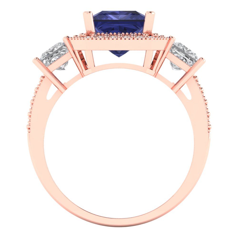 3.005 cttw Simulated Tanzanite Three-Stone Engagement Ring - Solid Rose Gold (VVS1, Princess Cut,7.0mm)