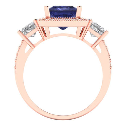 3.005 cttw Simulated Tanzanite Three-Stone Engagement Ring - Solid Rose Gold (VVS1, Princess Cut,7.0mm)
