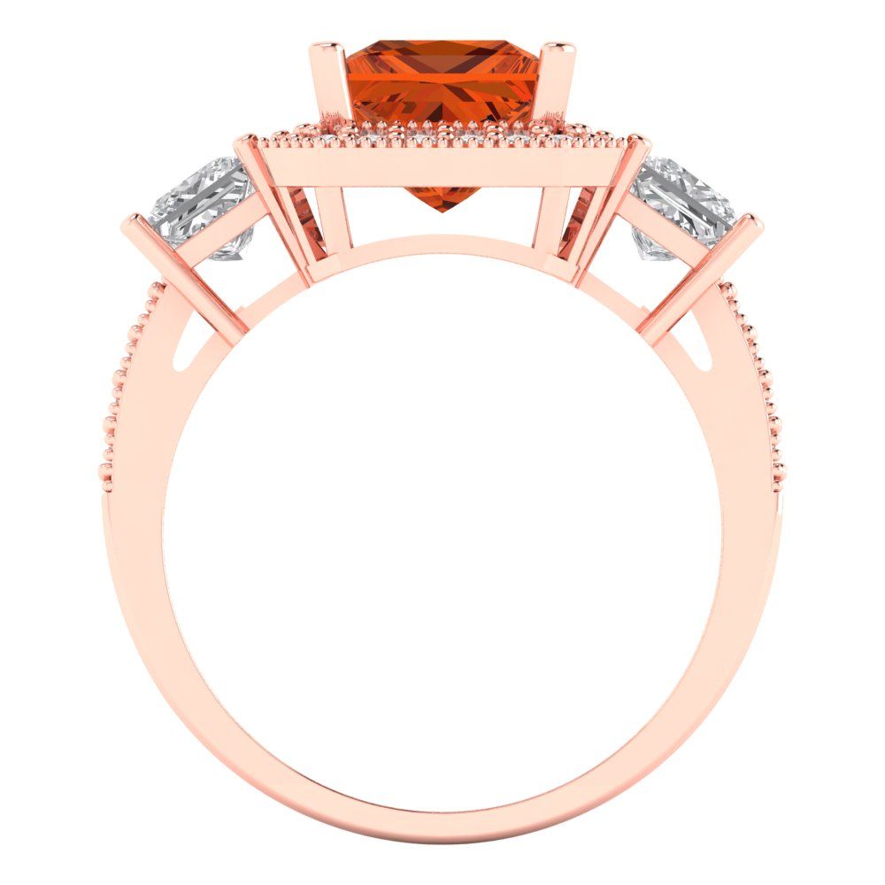 3.005 cttw Zirconia Simulated Red Diamond Three-Stone Engagement Ring - Solid Rose Gold (VVS1, Princess Cut,7.0mm)