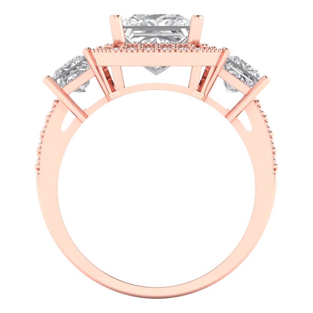 3.005 cttw Zirconia Simulated Diamond Three-Stone Engagement Ring - Solid Rose Gold (VVS1, Princess Cut,7.0mm)