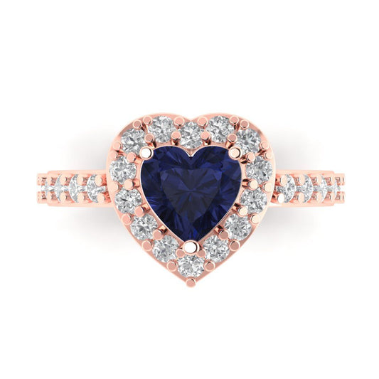 2.03 cttw Simulated Blue Sapphire Hidden Halo Engagement Ring - Solid Rose Gold (VVS1, Heart Cut,7.0mm)