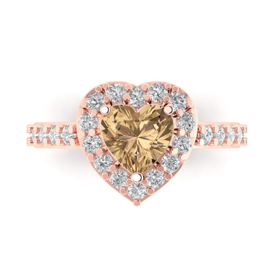 2.03 cttw Zirconia Simulated Champagne Diamond Hidden Halo Engagement Ring - Solid Rose Gold (VVS1, Heart Cut,7.0mm)