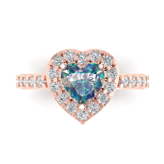 2.03 cttw Blue Moissanite Hidden Halo Engagement Ring - Solid Rose Gold (VVS1, Heart Cut,7.0mm)