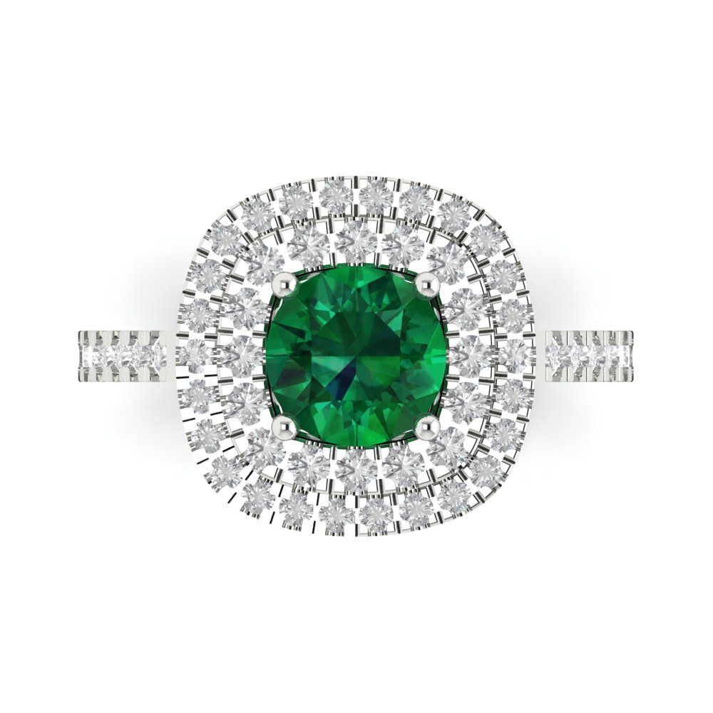 1.615 cttw Simulated Emerald Solitaire with Zirconia Simulated Diamond Accents Engagement Ring - Solid White Gold (VVS1, Round Cut,6.5mm)