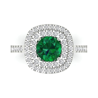 1.615 cttw Simulated Emerald Solitaire with Zirconia Simulated Diamond Accents Engagement Ring - Solid White Gold (VVS1, Round Cut,6.5mm)