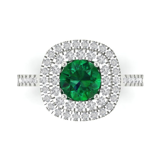 1.615 cttw Simulated Emerald Solitaire with Zirconia Simulated Diamond Accents Engagement Ring - Solid White Gold (VVS1, Round Cut,6.5mm)
