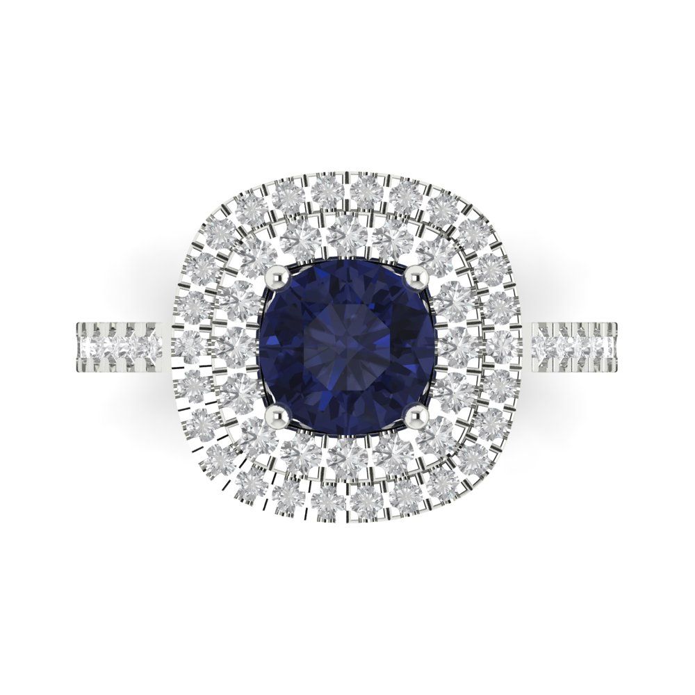 1.615 cttw Simulated Blue Sapphire Solitaire with Zirconia Simulated Diamond Accents Engagement Ring - Solid White Gold (VVS1, Round Cut,6.5mm)