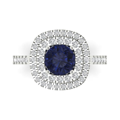 1.615 cttw Simulated Blue Sapphire Solitaire with Zirconia Simulated Diamond Accents Engagement Ring - Solid White Gold (VVS1, Round Cut,6.5mm)