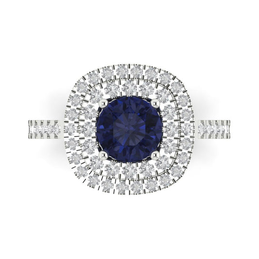 1.615 cttw Simulated Blue Sapphire Solitaire with Zirconia Simulated Diamond Accents Engagement Ring - Solid White Gold (VVS1, Round Cut,6.5mm)