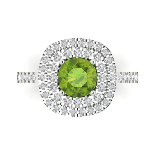 1.615 cttw Natural Peridot Solitaire with Zirconia Simulated Diamond Accents Engagement Ring - Solid White Gold (VVS1, Round Cut,6.5mm)
