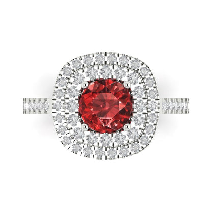 1.615 cttw Natural Garnet Solitaire with Zirconia Simulated Diamond Accents Engagement Ring - Solid White Gold (VVS1, Round Cut,6.5mm)