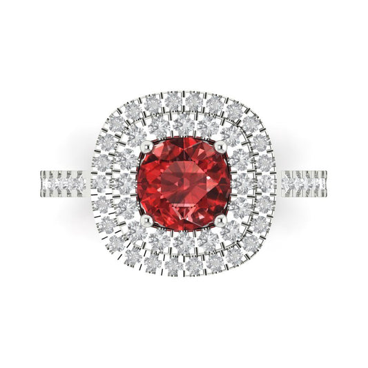 1.615 cttw Natural Garnet Solitaire with Zirconia Simulated Diamond Accents Engagement Ring - Solid White Gold (VVS1, Round Cut,6.5mm)