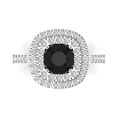 1.615 cttw Natural Onyx Solitaire with Zirconia Simulated Diamond Accents Engagement Ring - Solid White Gold (VVS1, Round Cut,6.5mm)
