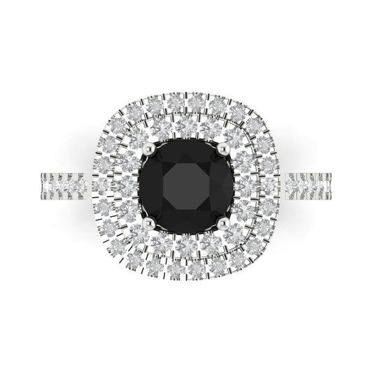 1.615 cttw Natural Onyx Solitaire with Zirconia Simulated Diamond Accents Engagement Ring - Solid White Gold (VVS1, Round Cut,6.5mm)