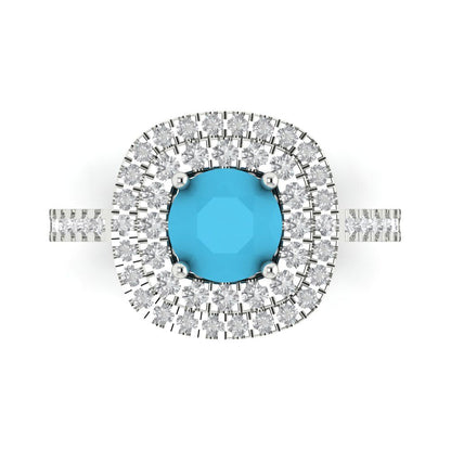 1.615 cttw Simulated Turquoise Solitaire with Zirconia Simulated Diamond Accents Engagement Ring - Solid White Gold (VVS1, Round Cut,6.5mm)