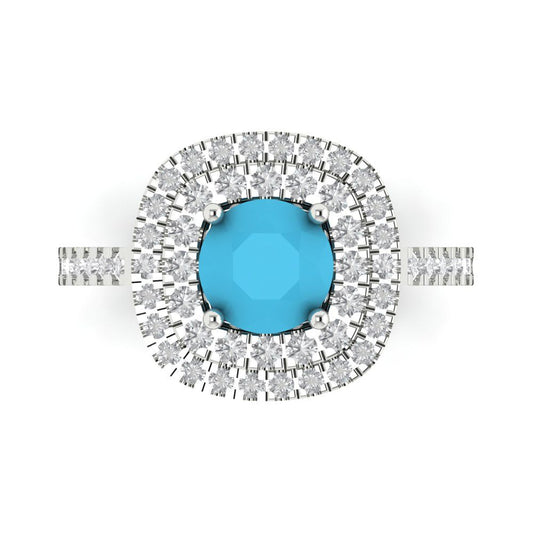 1.615 cttw Simulated Turquoise Solitaire with Zirconia Simulated Diamond Accents Engagement Ring - Solid White Gold (VVS1, Round Cut,6.5mm)