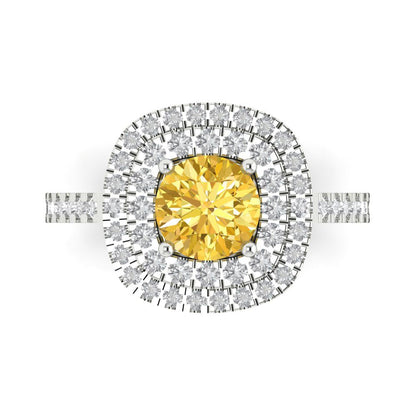 1.615 cttw Zirconia Simulated Yellow Diamond Solitaire with Zirconia Simulated Diamond Accents Engagement Ring - Solid White Gold (VVS1, Round Cut,6.5mm)