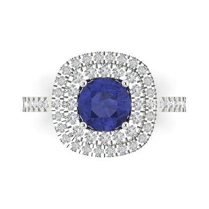 1.615 cttw Simulated Tanzanite Solitaire with Zirconia Simulated Diamond Accents Engagement Ring - Solid White Gold (VVS1, Round Cut,6.5mm)