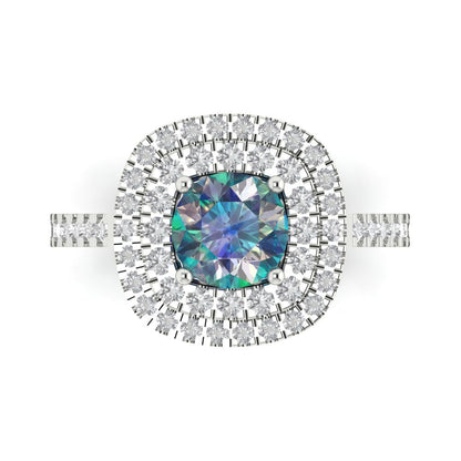 1.615 cttw Blue Moissanite Solitaire with Zirconia Simulated Diamond Accents Engagement Ring - Solid White Gold (VVS1, Round Cut,6.5mm)