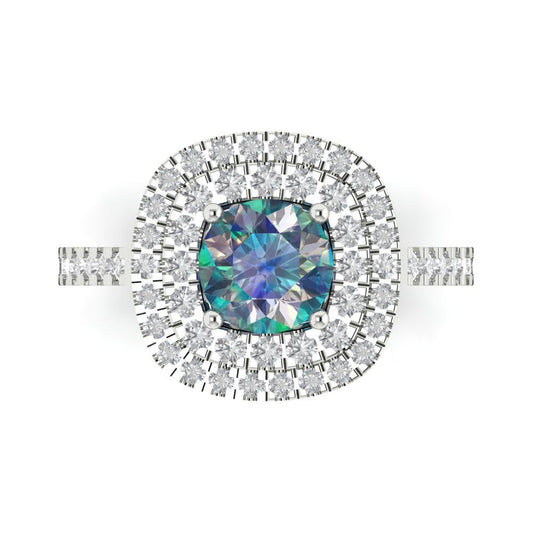 1.615 cttw Blue Moissanite Solitaire with Zirconia Simulated Diamond Accents Engagement Ring - Solid White Gold (VVS1, Round Cut,6.5mm)