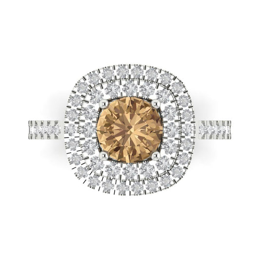 1.615 cttw Zirconia Simulated Champagne Diamond Solitaire with Zirconia Simulated Diamond Accents Engagement Ring - Solid White Gold (VVS1, Round Cut,6.5mm)