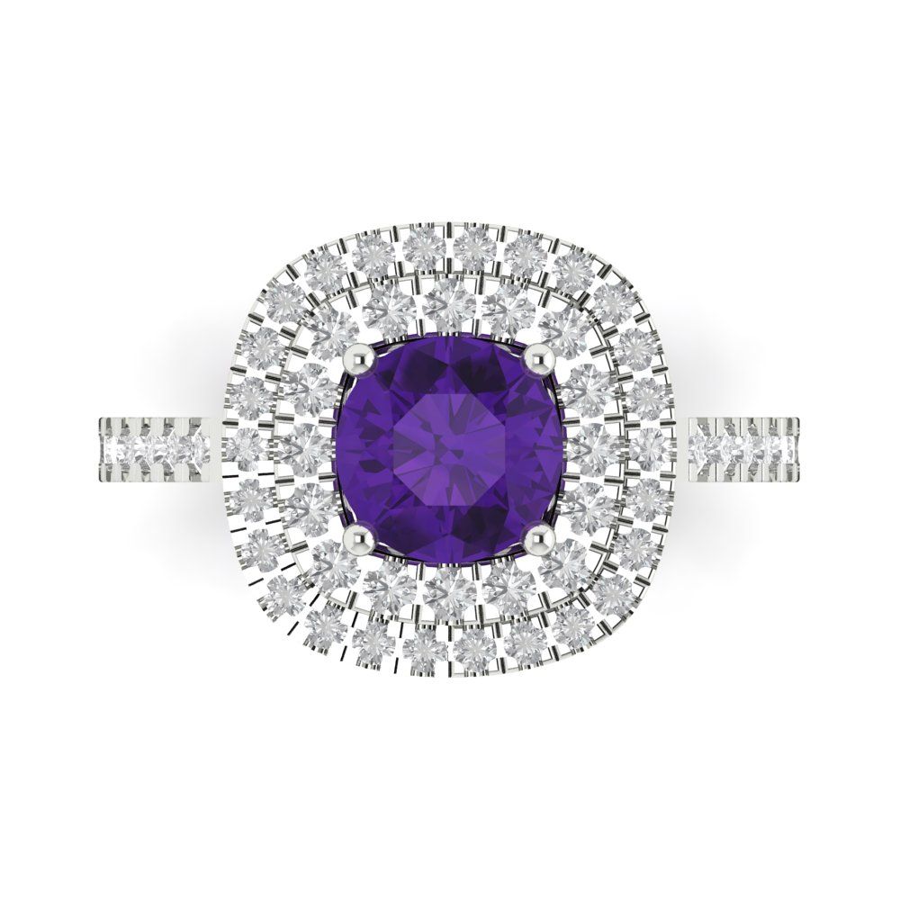 1.615 cttw Natural Amethyst Solitaire with Zirconia Simulated Diamond Accents Engagement Ring - Solid White Gold (VVS1, Round Cut,6.5mm)