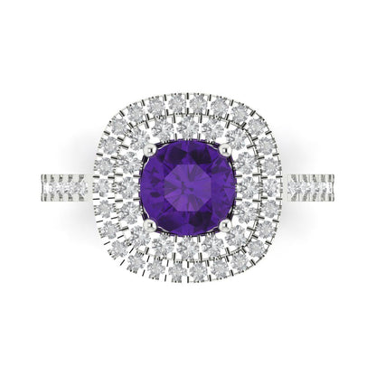 1.615 cttw Natural Amethyst Solitaire with Zirconia Simulated Diamond Accents Engagement Ring - Solid White Gold (VVS1, Round Cut,6.5mm)