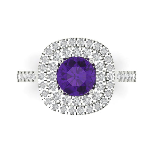 1.615 cttw Natural Amethyst Solitaire with Zirconia Simulated Diamond Accents Engagement Ring - Solid White Gold (VVS1, Round Cut,6.5mm)