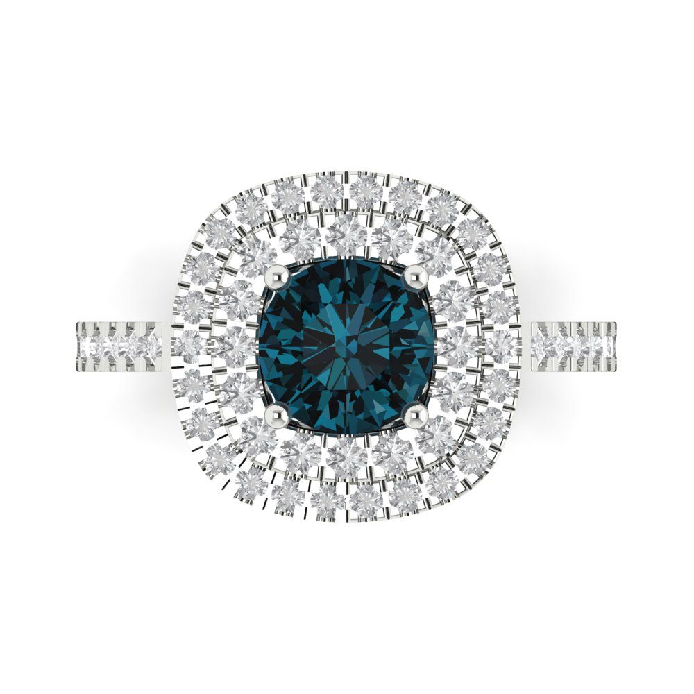 1.615 cttw Natural London Blue Topaz Solitaire with Zirconia Simulated Diamond Accents Engagement Ring - Solid White Gold (VVS1, Round Cut,6.5mm)