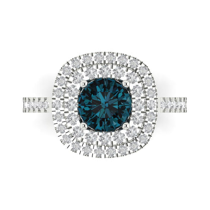 1.615 cttw Natural London Blue Topaz Solitaire with Zirconia Simulated Diamond Accents Engagement Ring - Solid White Gold (VVS1, Round Cut,6.5mm)