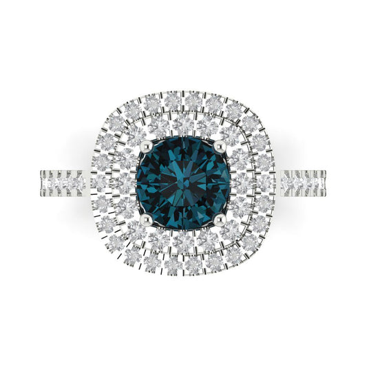 1.615 cttw Natural London Blue Topaz Solitaire with Zirconia Simulated Diamond Accents Engagement Ring - Solid White Gold (VVS1, Round Cut,6.5mm)
