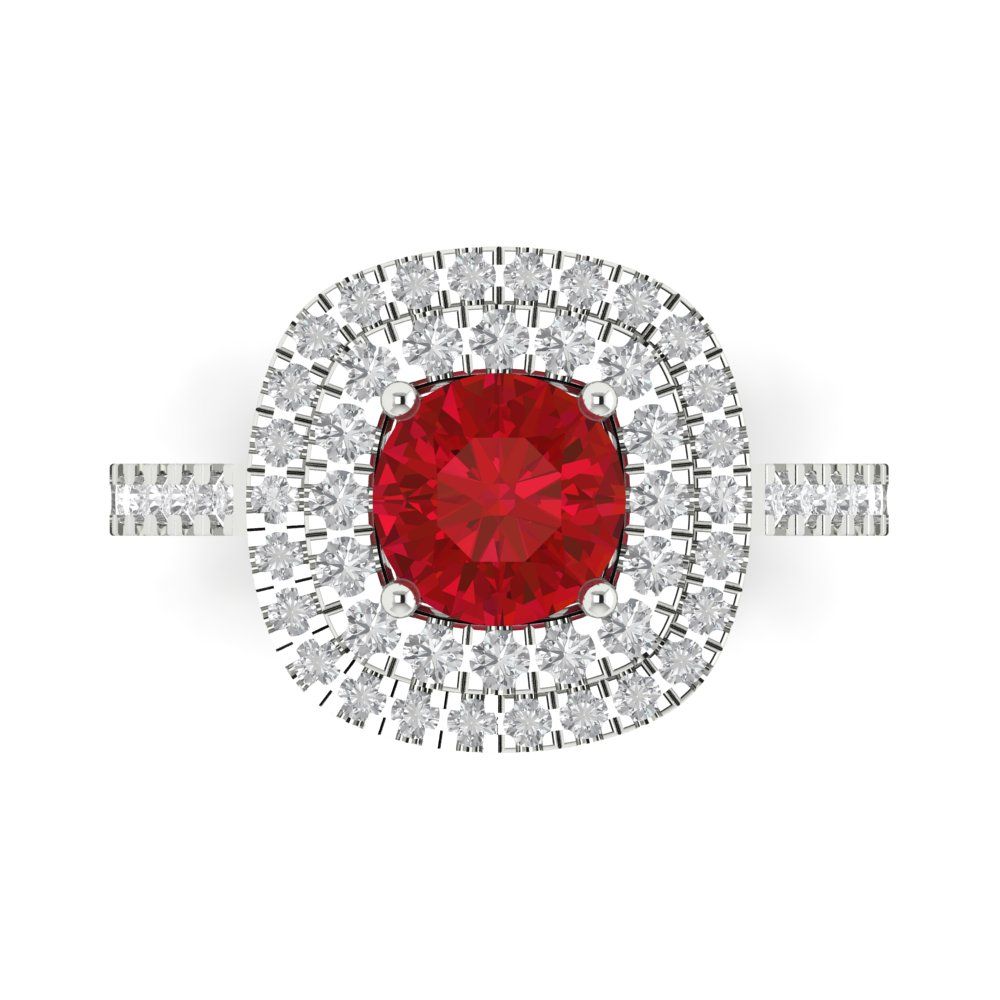 1.615 cttw Simulated Ruby Solitaire with Zirconia Simulated Diamond Accents Engagement Ring - Solid White Gold (VVS1, Round Cut,6.5mm)