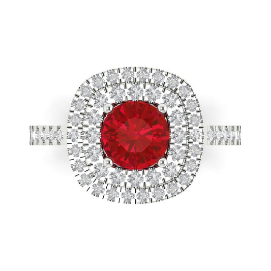1.615 cttw Simulated Ruby Solitaire with Zirconia Simulated Diamond Accents Engagement Ring - Solid White Gold (VVS1, Round Cut,6.5mm)