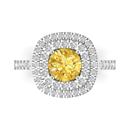 1.615 cttw Natural Citrine Solitaire with Zirconia Simulated Diamond Accents Engagement Ring - Solid White Gold (VVS1, Round Cut,6.5mm)