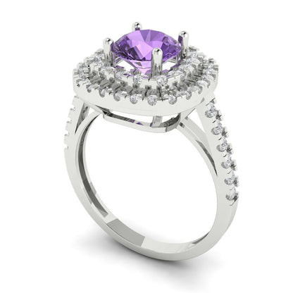 1.615 cttw Simulated Alexandrite Solitaire with Zirconia Simulated Diamond Accents Engagement Ring - Solid White Gold (VVS1, Round Cut,6.5mm)