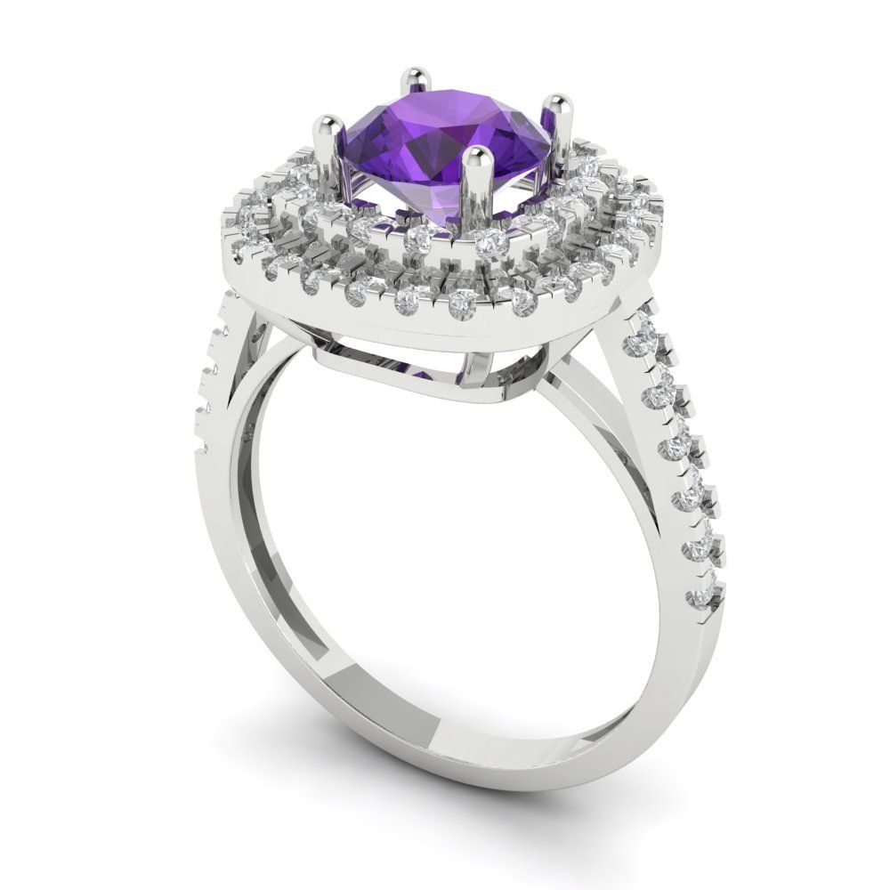 1.615 cttw Natural Amethyst Solitaire with Zirconia Simulated Diamond Accents Engagement Ring - Solid White Gold (VVS1, Round Cut,6.5mm)