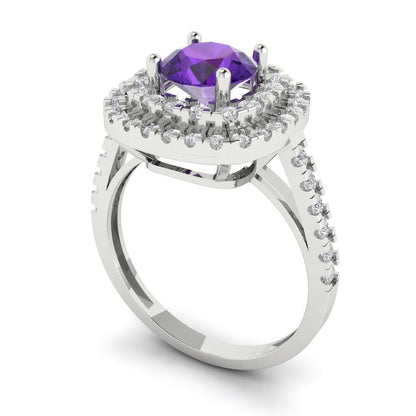 1.615 cttw Natural Amethyst Solitaire with Zirconia Simulated Diamond Accents Engagement Ring - Solid White Gold (VVS1, Round Cut,6.5mm)