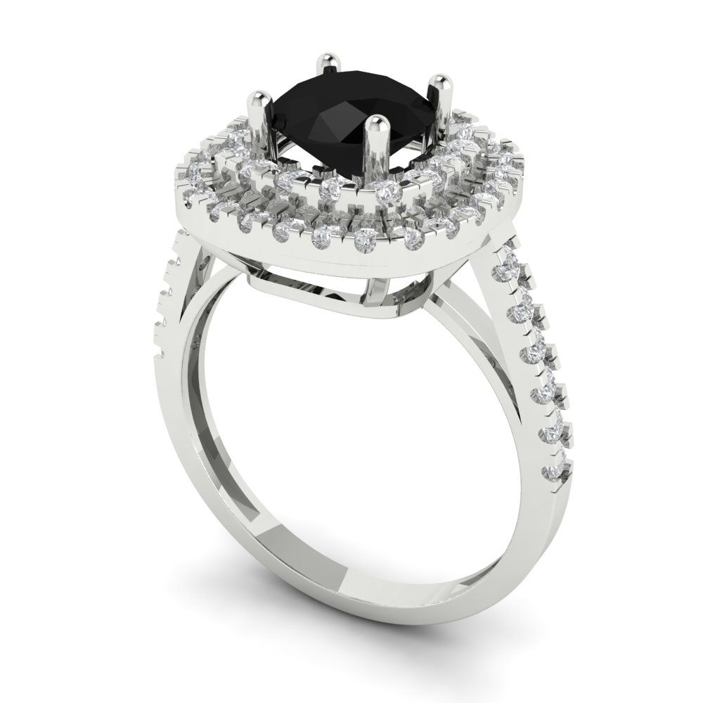 1.615 cttw Natural Onyx Solitaire with Zirconia Simulated Diamond Accents Engagement Ring - Solid White Gold (VVS1, Round Cut,6.5mm)