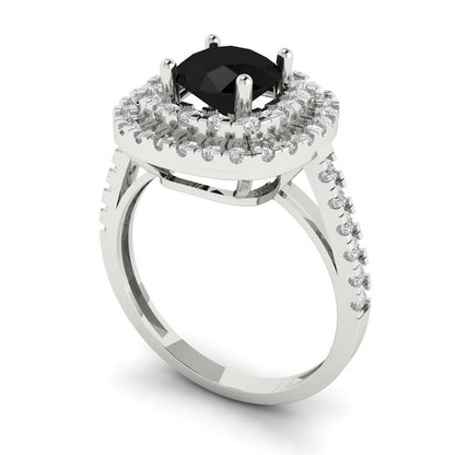 1.615 cttw Natural Onyx Solitaire with Zirconia Simulated Diamond Accents Engagement Ring - Solid White Gold (VVS1, Round Cut,6.5mm)