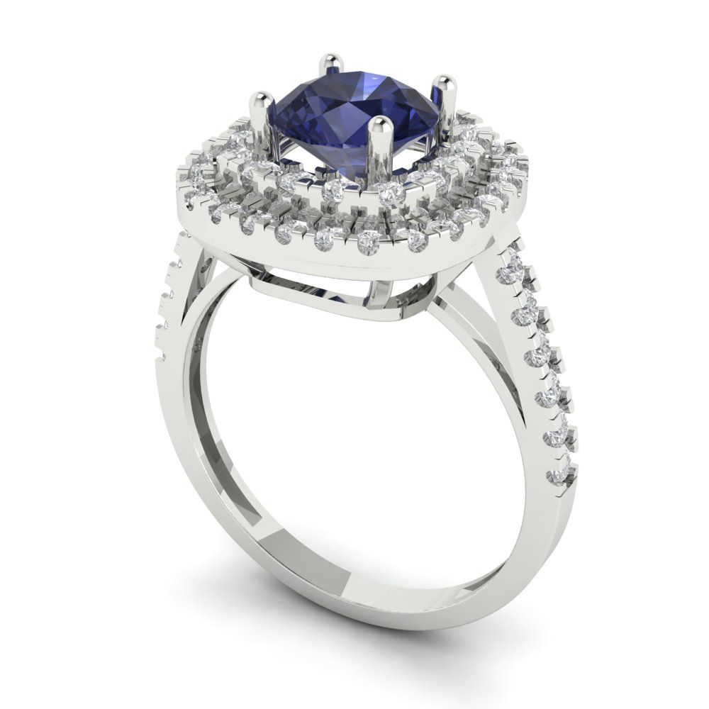 1.615 cttw Simulated Blue Sapphire Solitaire with Zirconia Simulated Diamond Accents Engagement Ring - Solid White Gold (VVS1, Round Cut,6.5mm)