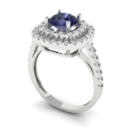 1.615 cttw Simulated Blue Sapphire Solitaire with Zirconia Simulated Diamond Accents Engagement Ring - Solid White Gold (VVS1, Round Cut,6.5mm)