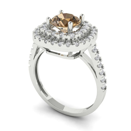 1.615 cttw Zirconia Simulated Champagne Diamond Solitaire with Zirconia Simulated Diamond Accents Engagement Ring - Solid White Gold (VVS1, Round Cut,6.5mm)